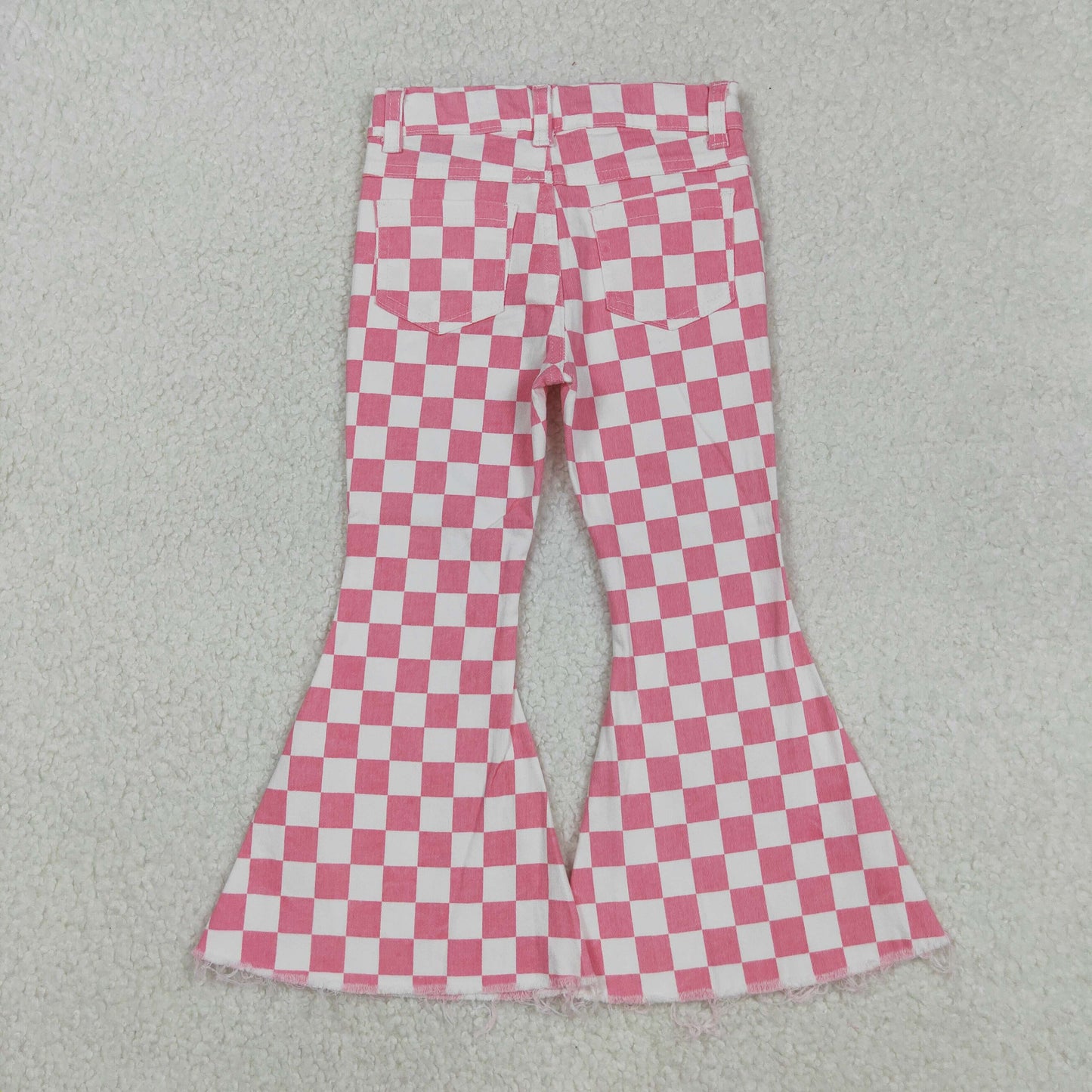 RTS NO MOQ （In stock）P0348 Baby Girls Denim Pants Pink Checkered Bell Flare Denim Pants Jeans Casual Comfortable Kids Clothing for Girls