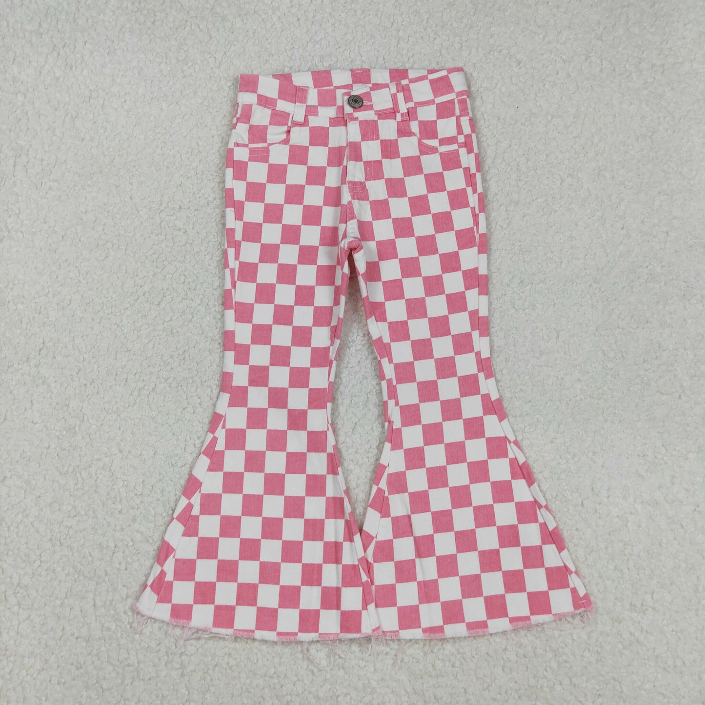 RTS NO MOQ （In stock）P0348 Baby Girls Denim Pants Pink Checkered Bell Flare Denim Pants Jeans Casual Comfortable Kids Clothing for Girls