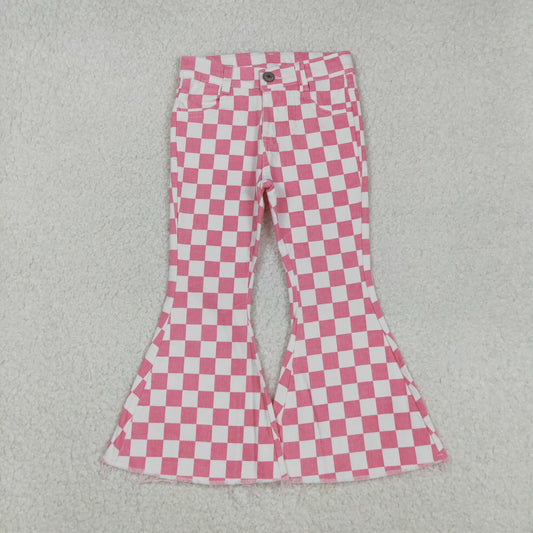 RTS NO MOQ （In stock）P0348 Baby Girls Denim Pants Pink Checkered Bell Flare Denim Pants Jeans Casual Comfortable Kids Clothing for Girls