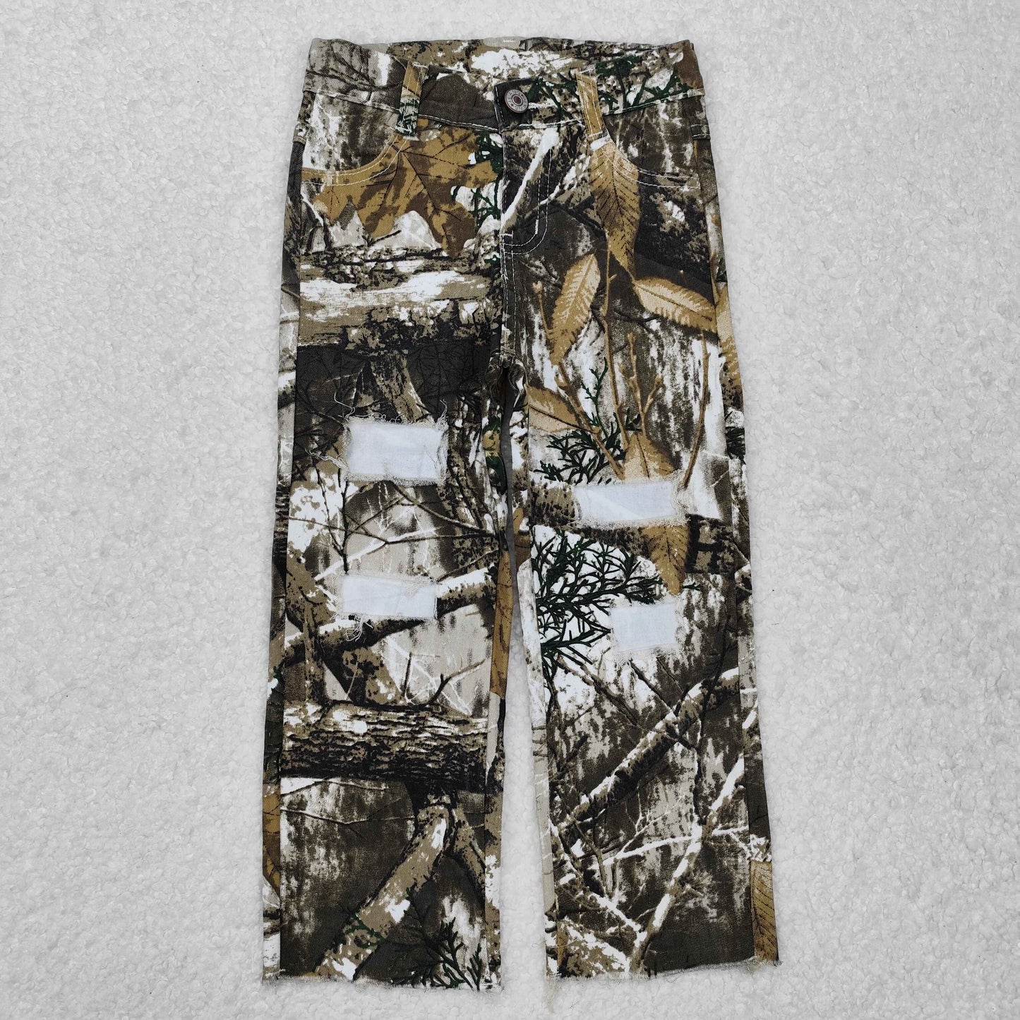 P0410Baby Boys Olive Bottomland Camo Distressed Denim Pants