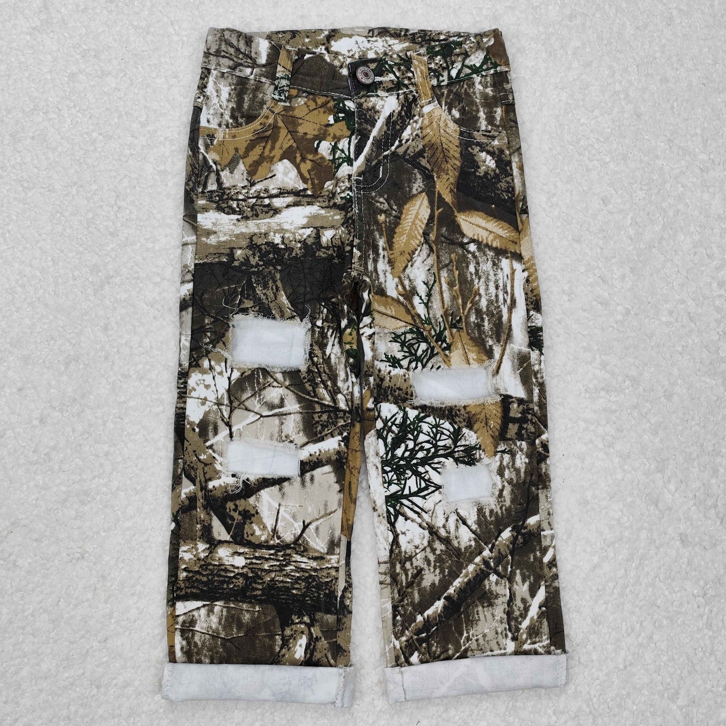 P0410Baby Boys Olive Bottomland Camo Distressed Denim Pants