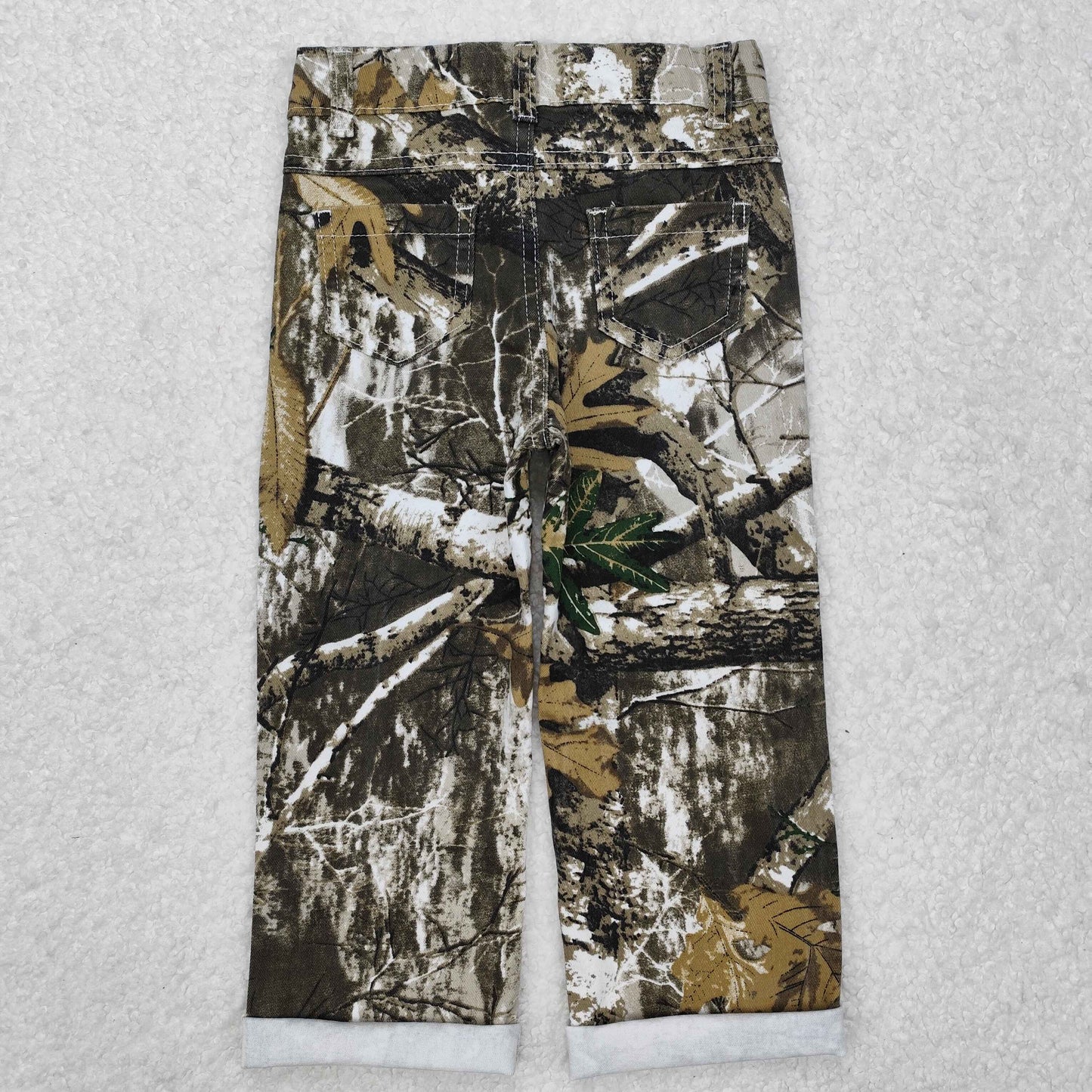 P0410Baby Boys Olive Bottomland Camo Distressed Denim Pants