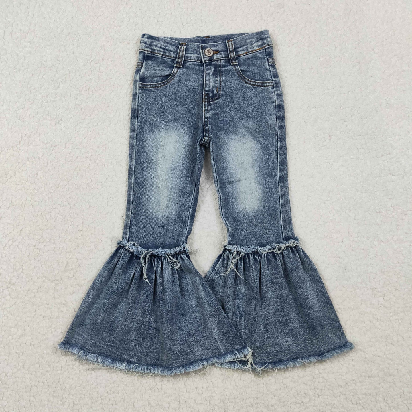 10.28 RTS NO MOQ （In stock）P0676 Baby Girls Denim Pants Baby Girls Navy Bleached Denim Flare Pants Jeans