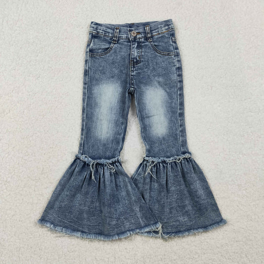 10.28 RTS NO MOQ （In stock）P0676 Baby Girls Denim Pants Baby Girls Navy Bleached Denim Flare Pants Jeans