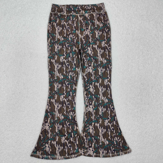 P0719Bottomland camo leaves adult women yoga bell bottom pants