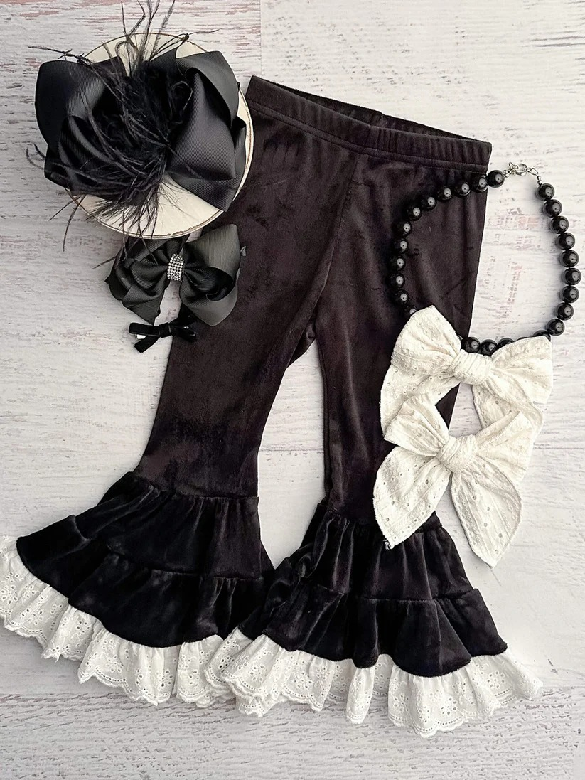 P0720 Baby Girls Black Velvet Bell Bottom Pants preorder