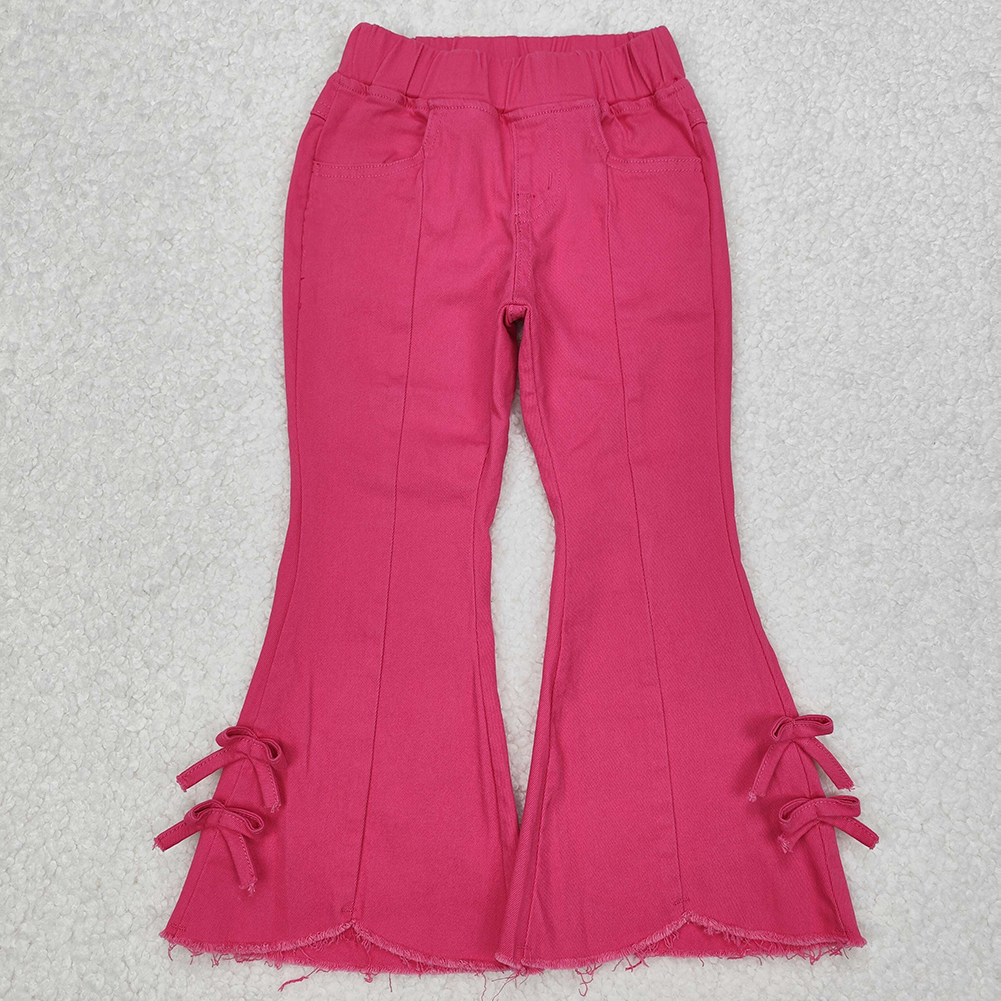 P0731 New Rts No Moq 8-9 Days By Air Arrived it Hot pink bow elastic waist kids girls flare jeans