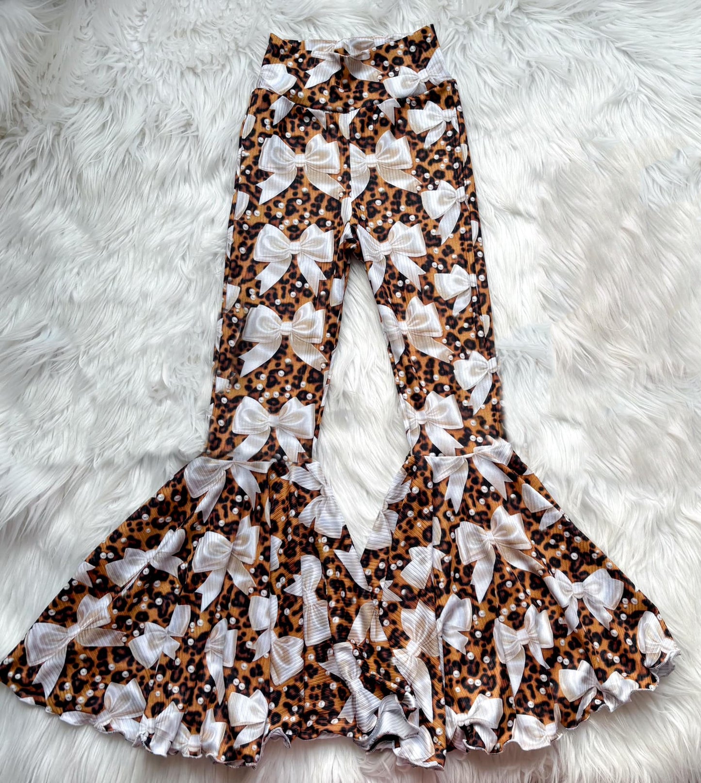 P0749Leopard Bow Bell Bottom Pants for Adult Women Fashionable Trousers with Bow Detailing