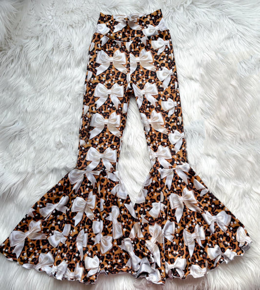P0749Leopard Bow Bell Bottom Pants for Adult Women Fashionable Trousers with Bow Detailing