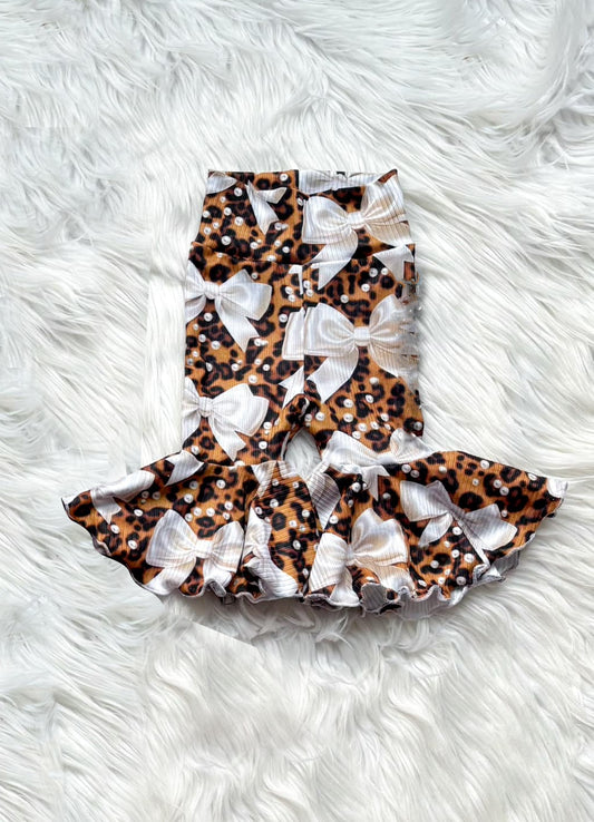 P0750Kids Girls Leopard Bow Bell Bottom Pants Elastic Waist Casual Trousers for Children
