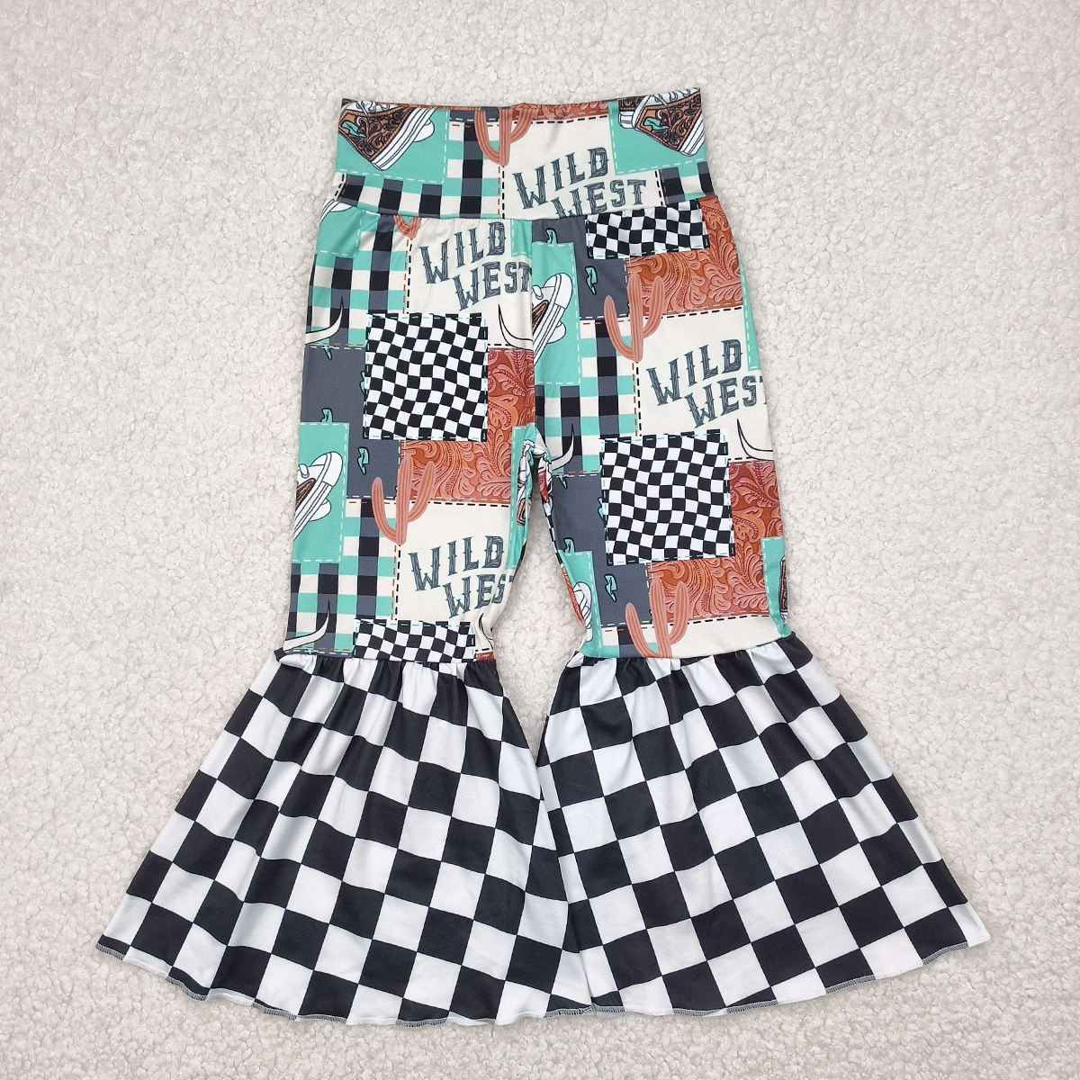 P0751 RTS NO MOQ Baby Girls Pants Wild West Bull Skull Plaid Western Girls Bell Bottom Pants Unique Cowgirl Style Clothing