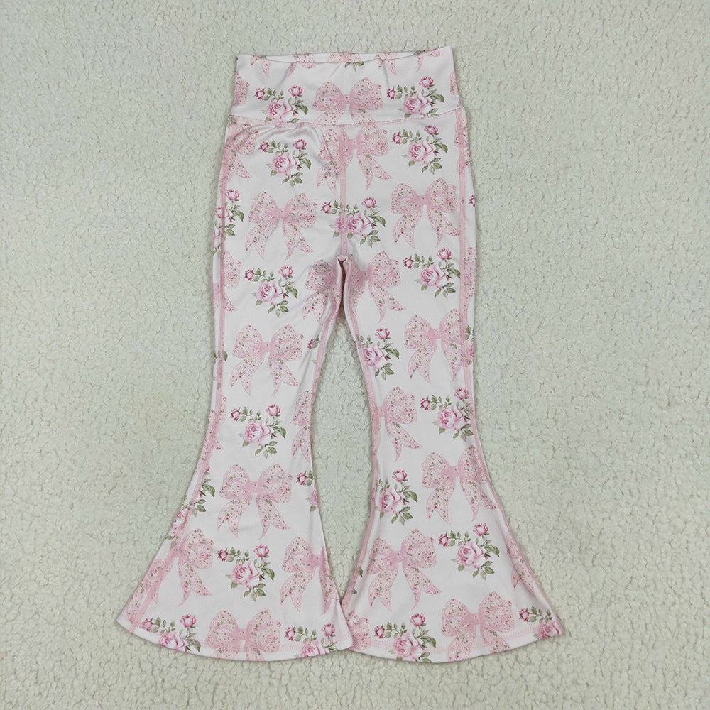8.14 P0768 RTS NO MOQ Baby Girls Yoga Pants Baby Girls Pink Floral Bows Bell Bottom Yoga Pants