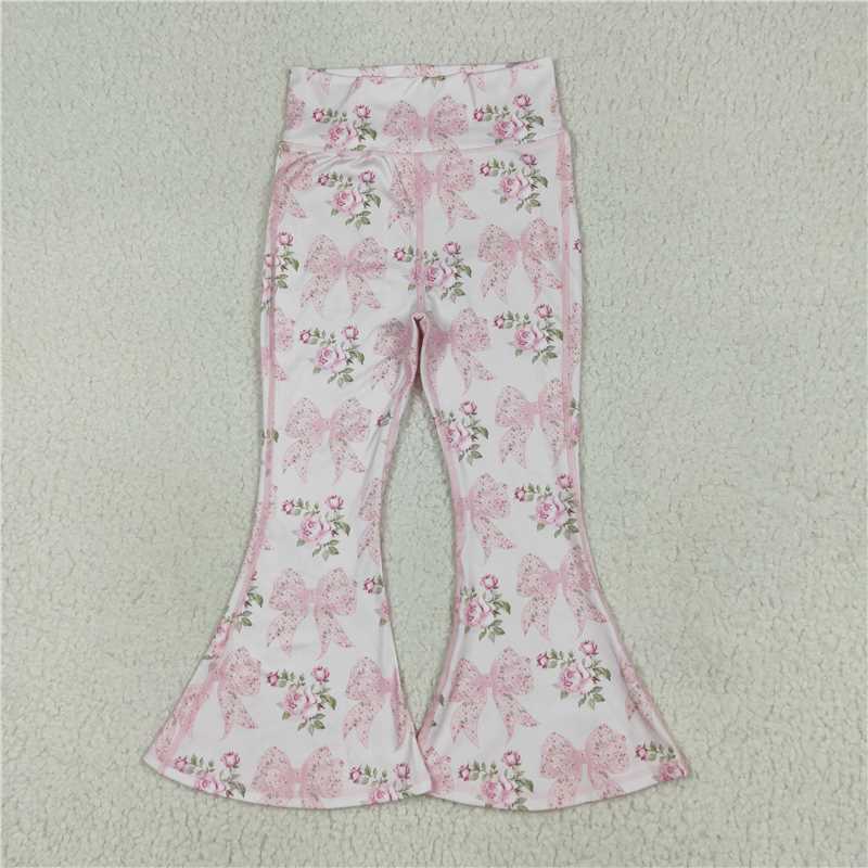 RTS Sibling Long sleeves floral pink bow baby girls hoodie Light pink bow floral baby girls yoga bell bottom pants Sets