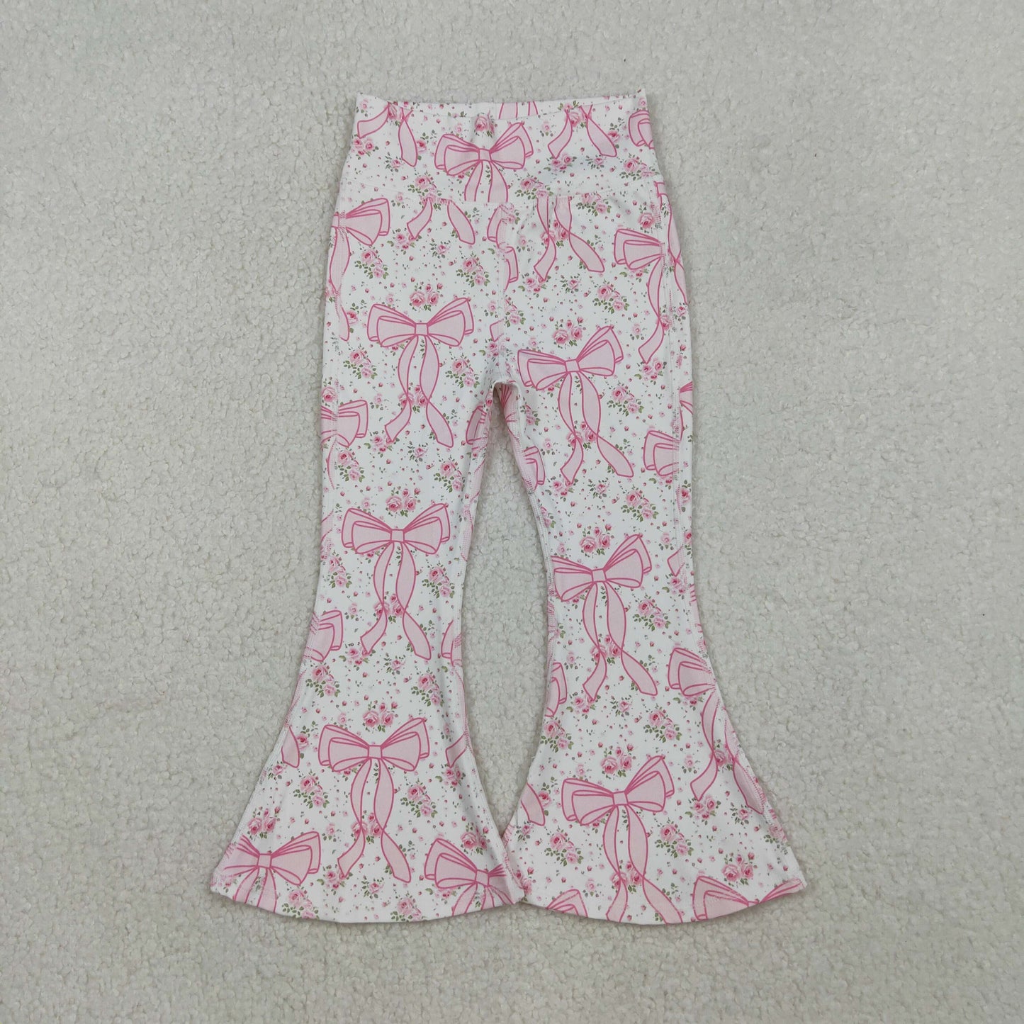 10.13 RTS NO MOQ （In stock）P0773 Baby Girls Pants Baby Girls Pink Floral Bows Bell Bottom Yoga Active Pants