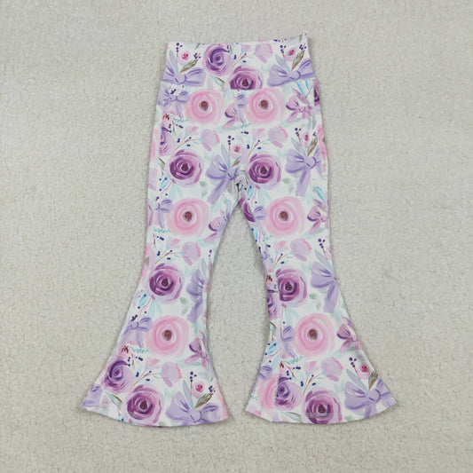 RTS NO MOQ （In stock）P0774 Baby Girls Pants Purple Flower Bows Bell Bottom Yoga Pants
