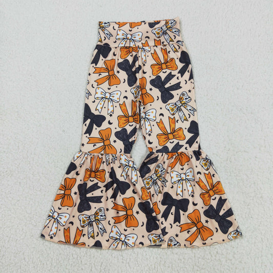 RTS NO MOQ （In stock）P0776 Baby Girls Pants Baby Girls Halloween Orange Black Bows Bell Bottom Pants