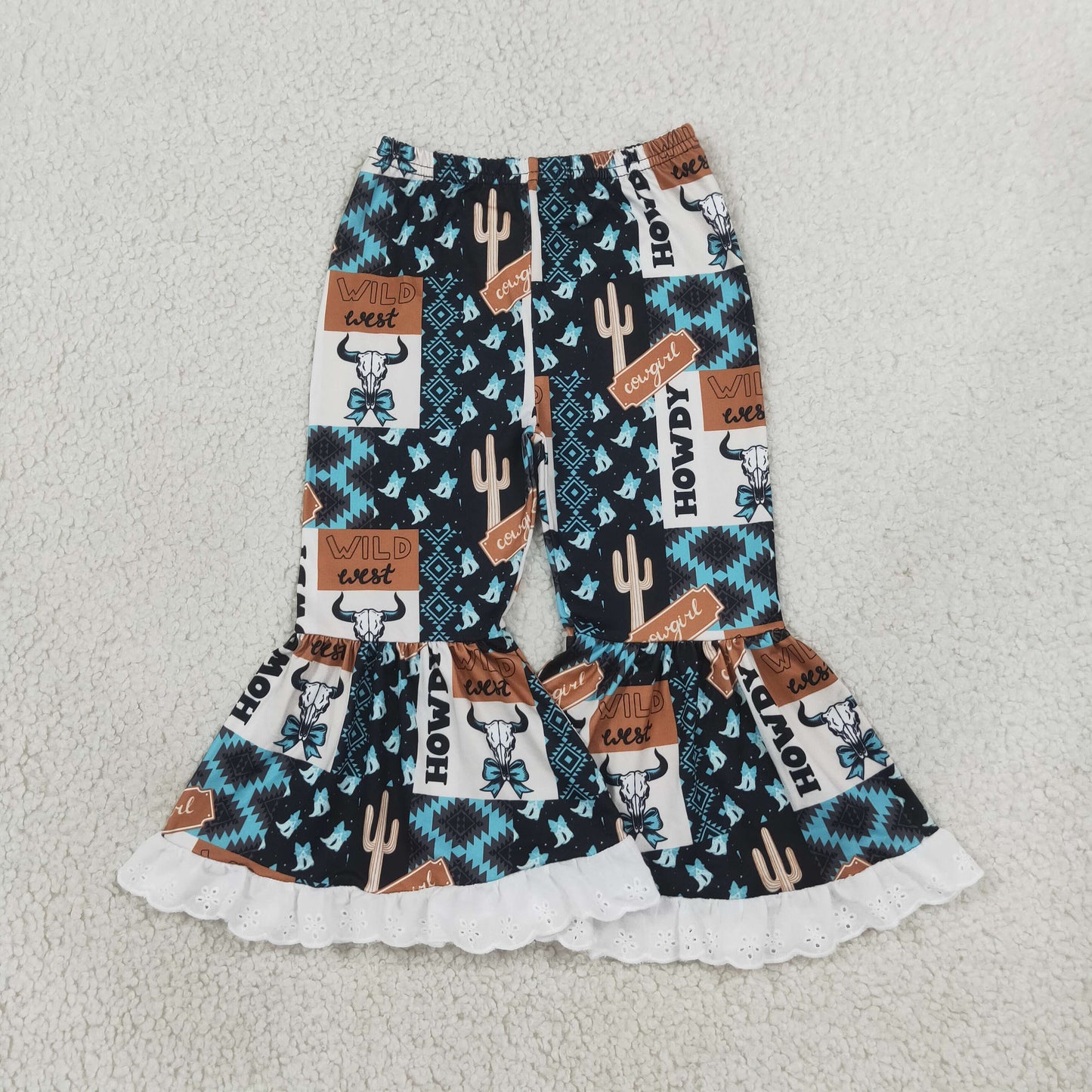 RTS NO MOQ （In stock）milk silk P0781 Baby Girls Blue Aztec Bow Bull Skull Plaid Bell Bottom Casual Pants