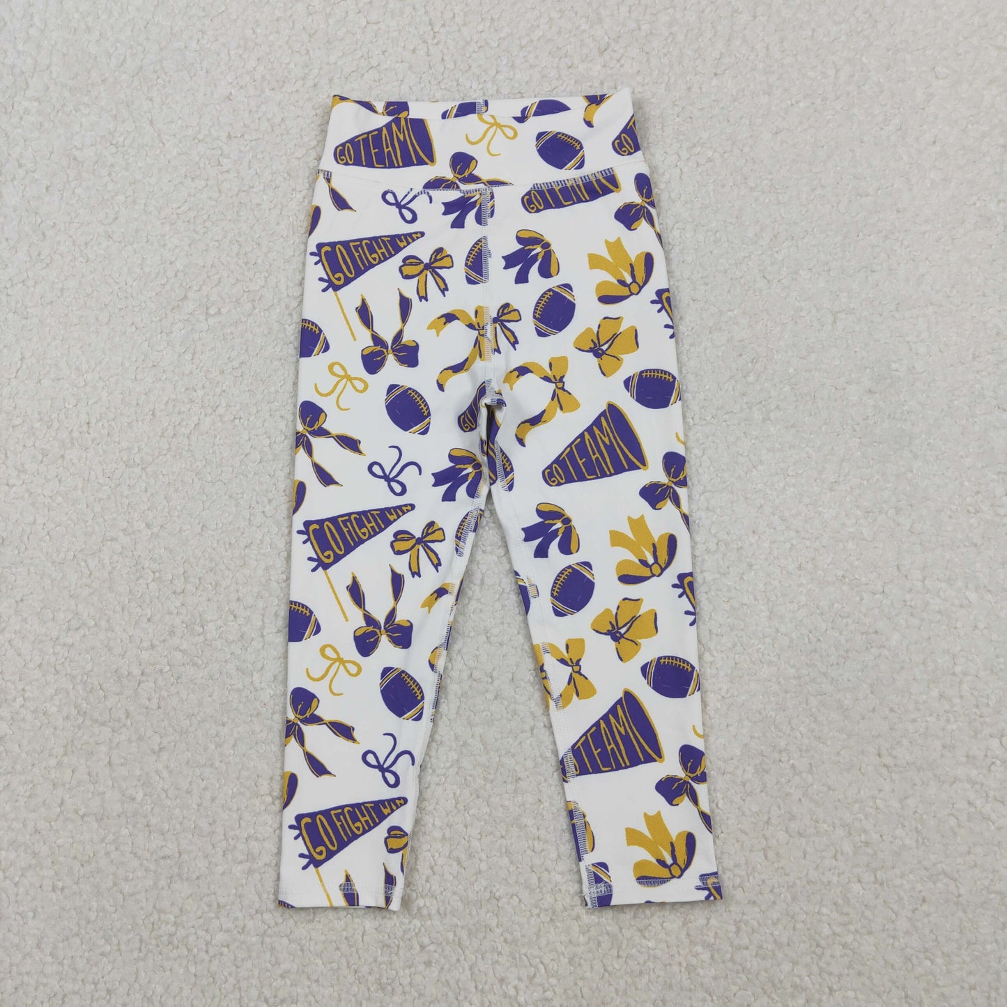 11.5 RTS NO MOQ （In stock）P0848 Baby Girls Purple Yellow Go Team Footballs Bows Yoga Legging Pants