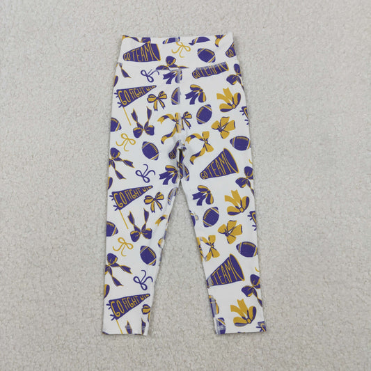 11.5 RTS NO MOQ （In stock）P0848 Baby Girls Purple Yellow Go Team Footballs Bows Yoga Legging Pants