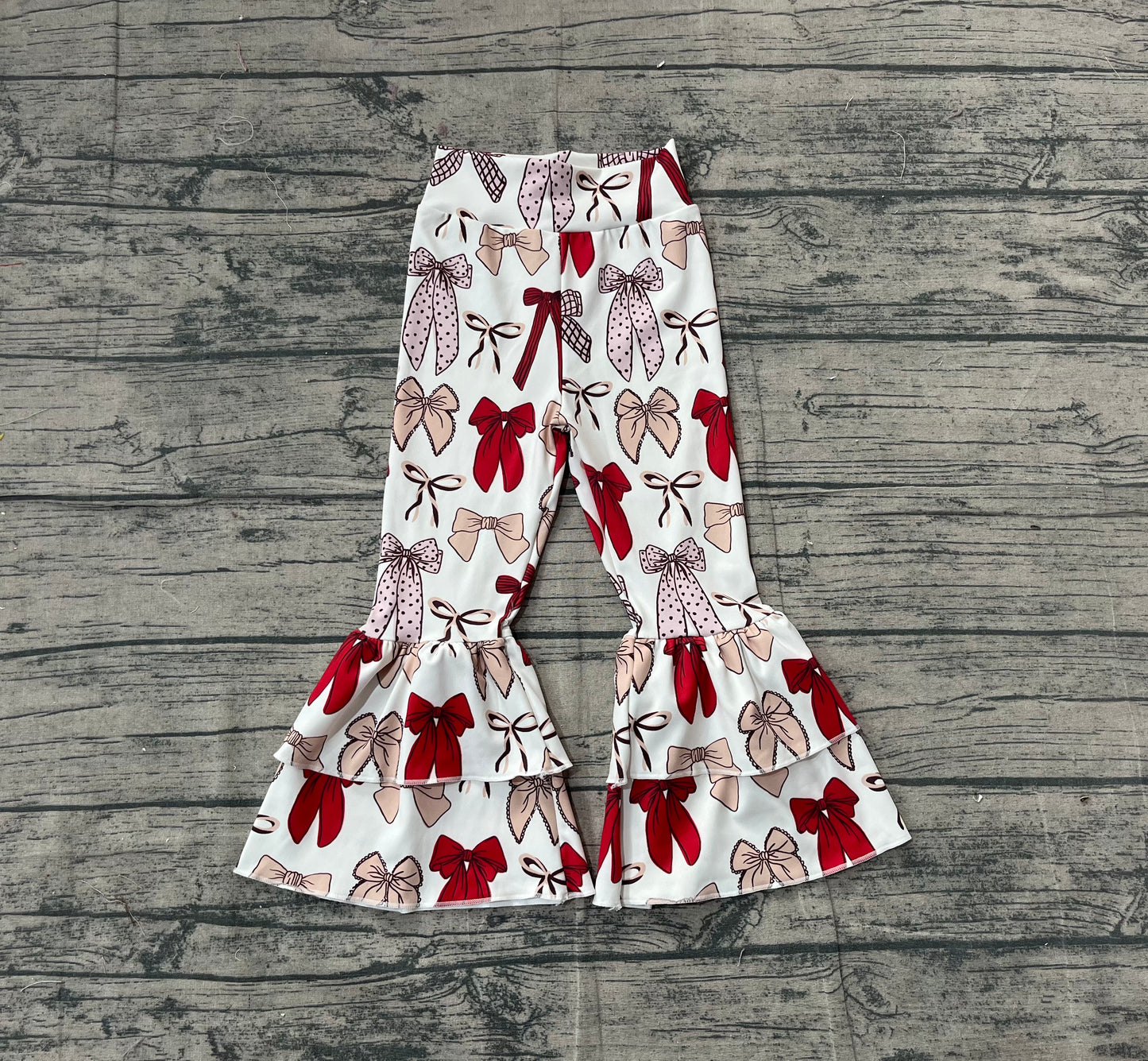 11.10 P0885 Sample No Moq Yoga fabric Baby Girls Red Bows Yoga Ruffle Bell Bottom Pants