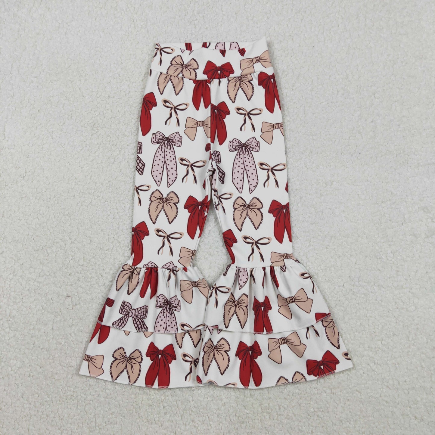 12.3 RTS NO MOQ （In stock）P0885 Baby Girls Red Bows Yoga Active Ruffle Bell Bottom Pants