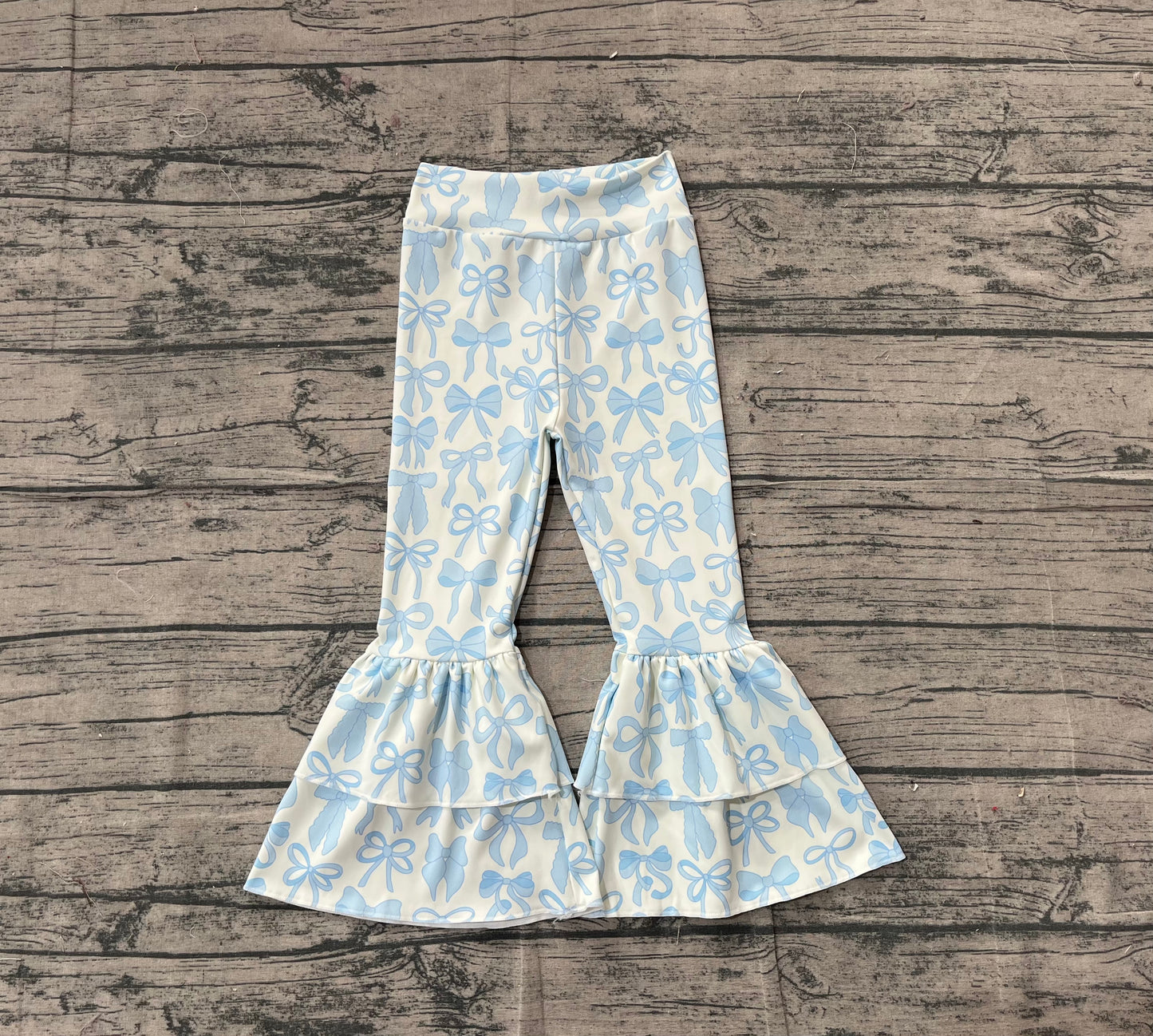 11.10 P0886 Sample No Moq Yoga fabric Baby Girls Blue Bows Yoga Ruffle Bell Bottom Pants