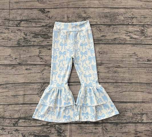 11.10 P0886 Sample No Moq Yoga fabric Baby Girls Blue Bows Yoga Ruffle Bell Bottom Pants