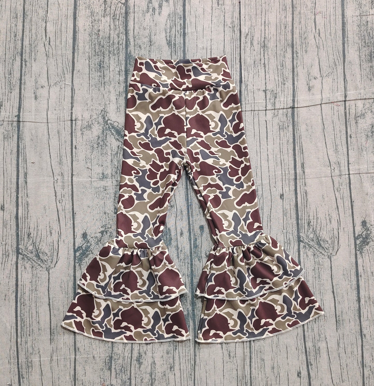 11.6 P0888 Sample No Moq Yoga fabric Baby Girls Brown Olive Camo Yoga Bell Bottom Pants