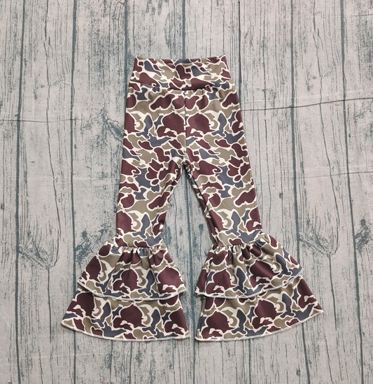 11.6 P0888 Sample No Moq Yoga fabric Baby Girls Brown Olive Camo Yoga Bell Bottom Pants