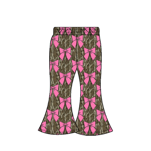 9.30 P0896 Pre order No Moq Yoga fabric Baby Girls Olive Camo Pink Bows Plaid Valentine Bell Bottom Pants