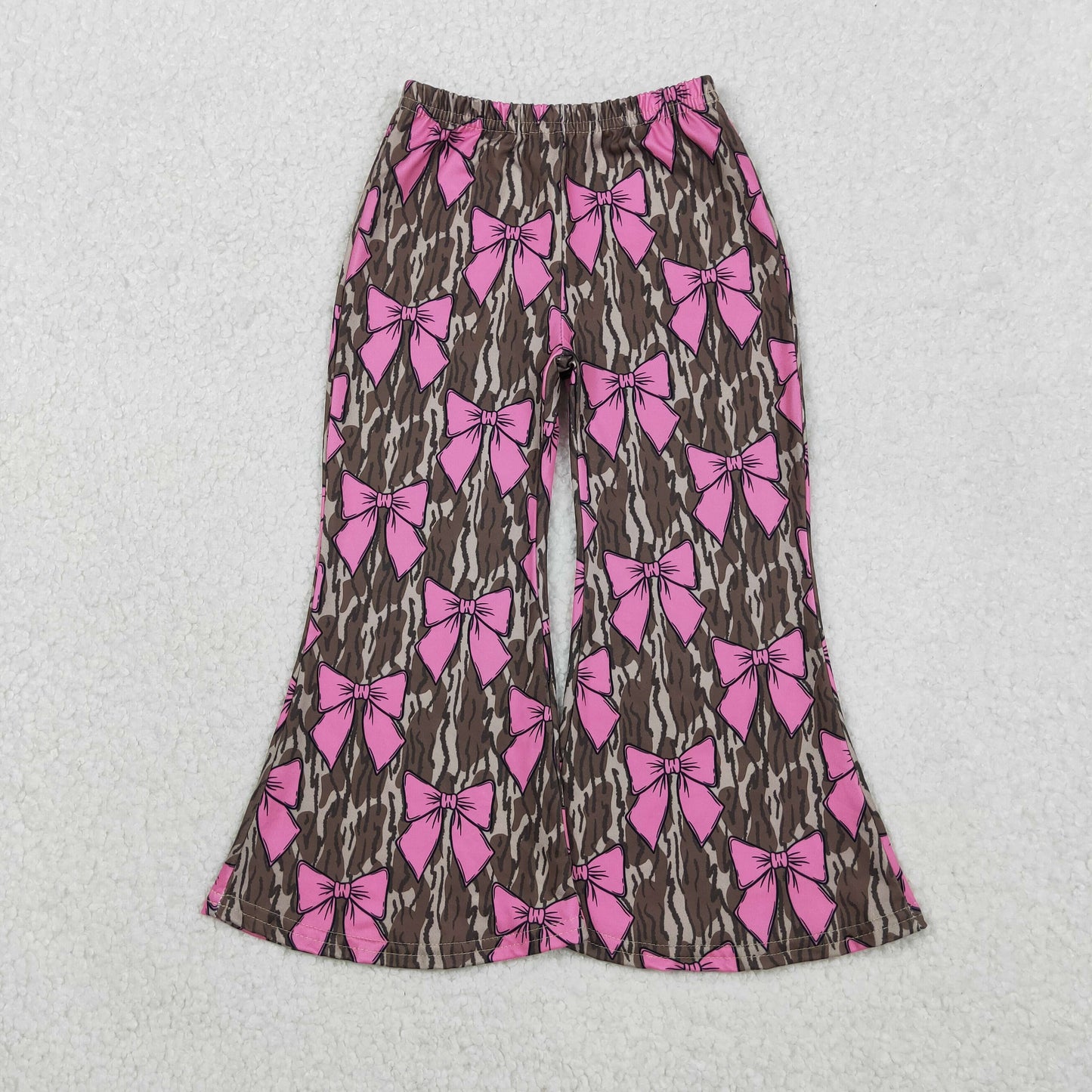 11.4 RTS NO MOQ （In stock）P0896 Baby Girls Olive Camo Pink Bows Bell Bottom Pants