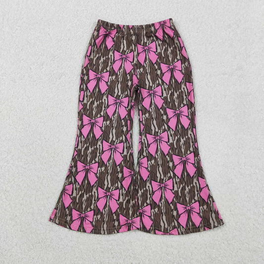 11.4 RTS NO MOQ （In stock）P0896 Baby Girls Olive Camo Pink Bows Bell Bottom Pants
