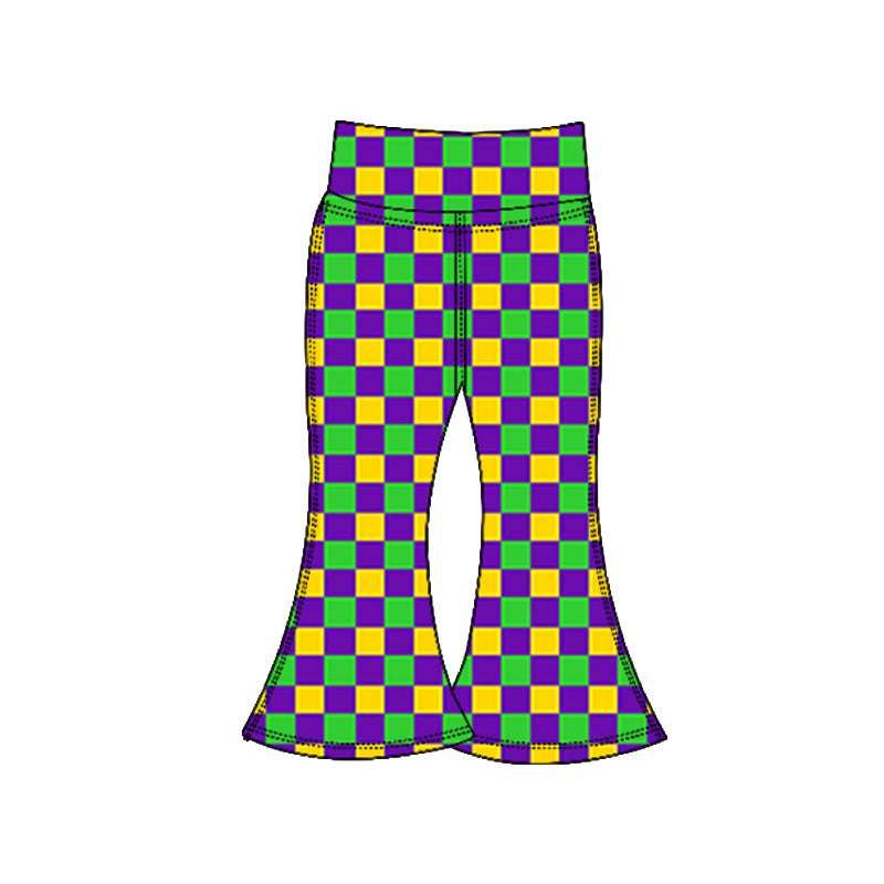 10.20 P0934 Pre order No Moq Yoga fabric Baby Girls Mardigras Checked Yoga Bell Bottom Pants