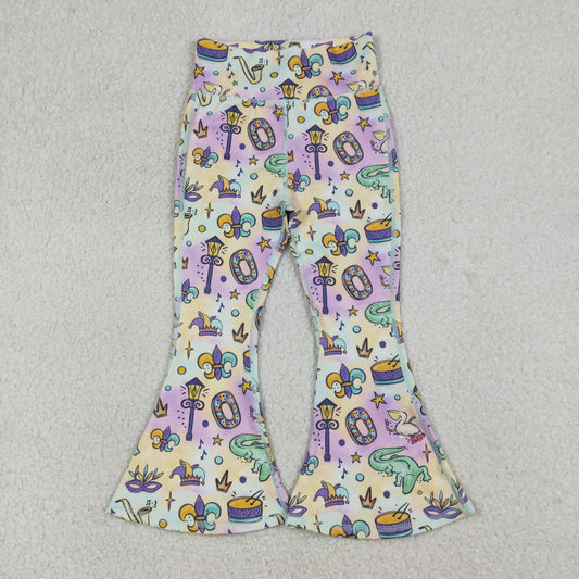 1.8 RTS NO MOQ （In stock）P0938 Baby Girls Mardigras Anchors Crocodiles Yoga Active Bell Bottom Pants