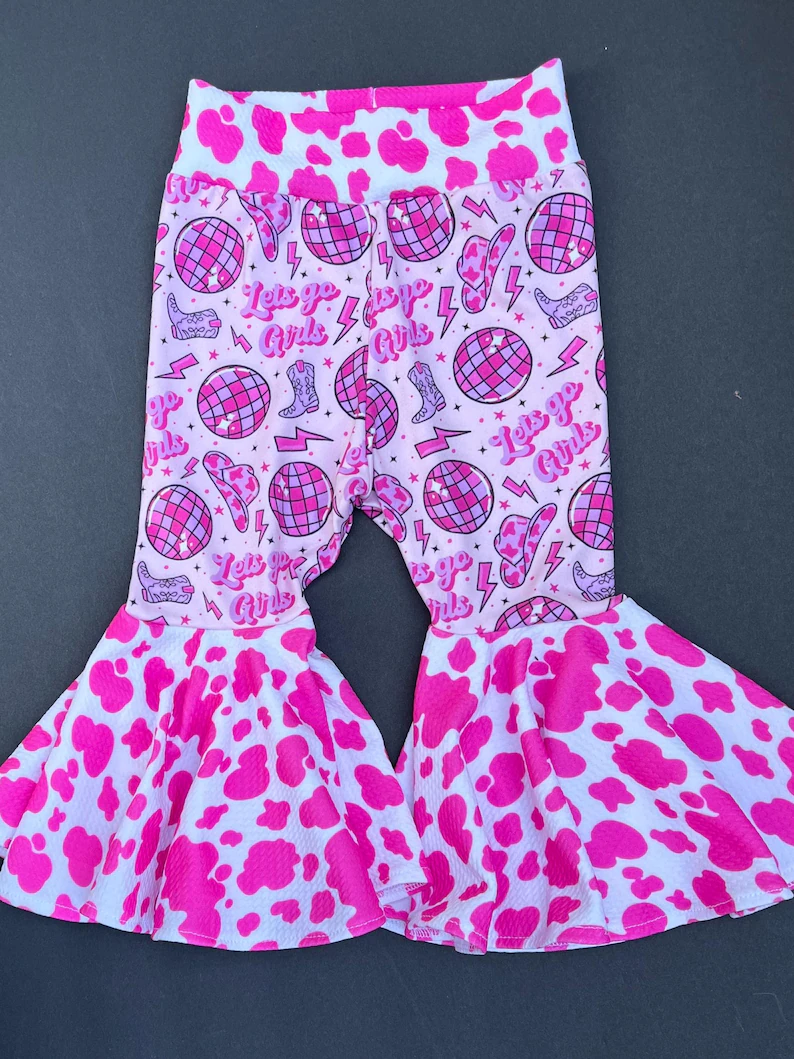 10.23 (Pre Order) No moq P0943 PRE-ORDER Baby Girls Pink Cow Print Boots Let's Go Girl Bell Bottom Pants
