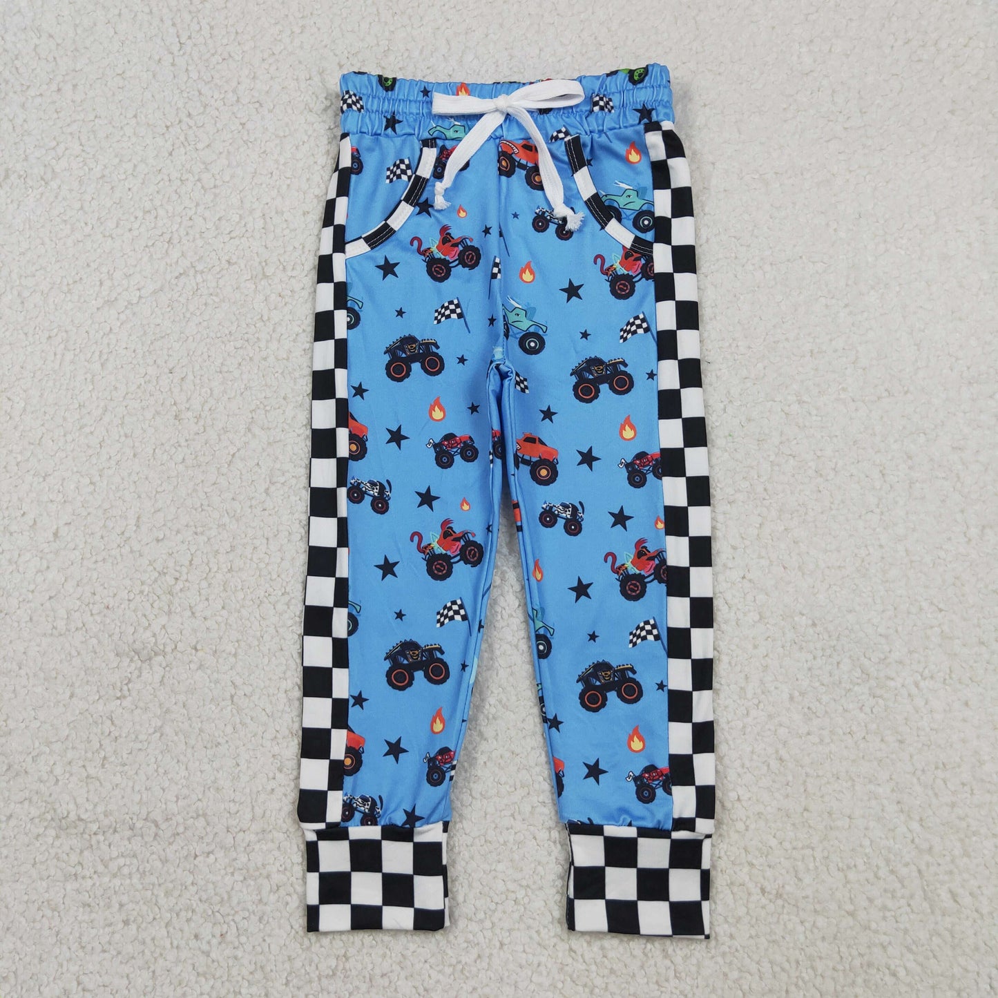 P0950 RTS NO MOQ （In stock）Black plaid blue trucks kids boys pants