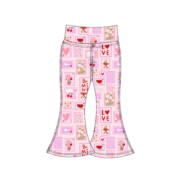 11.4 P0956 Pre order No Moq Yoga fabric Baby Girls Flowers Checked Valentine Yoga Bell Bottom Pants