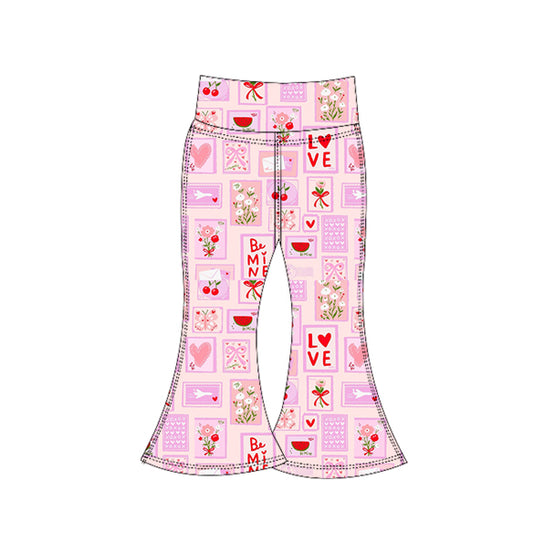 11.4 P0956 Pre order No Moq Yoga fabric Baby Girls Flowers Checked Valentine Yoga Bell Bottom Pants