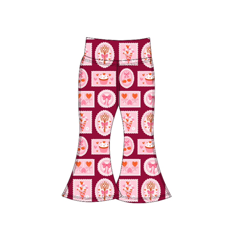 11.4 P0957 Pre order No Moq Yoga fabric Baby Girls Hearts Cakes Checked Valentine Yoga Bell Bottom Pants