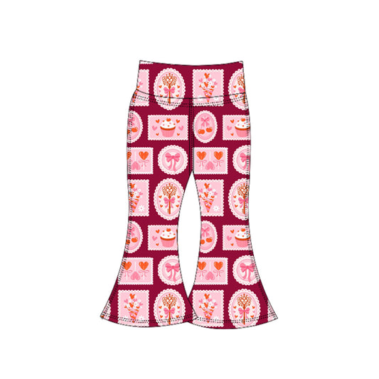 11.4 P0957 Pre order No Moq Yoga fabric Baby Girls Hearts Cakes Checked Valentine Yoga Bell Bottom Pants