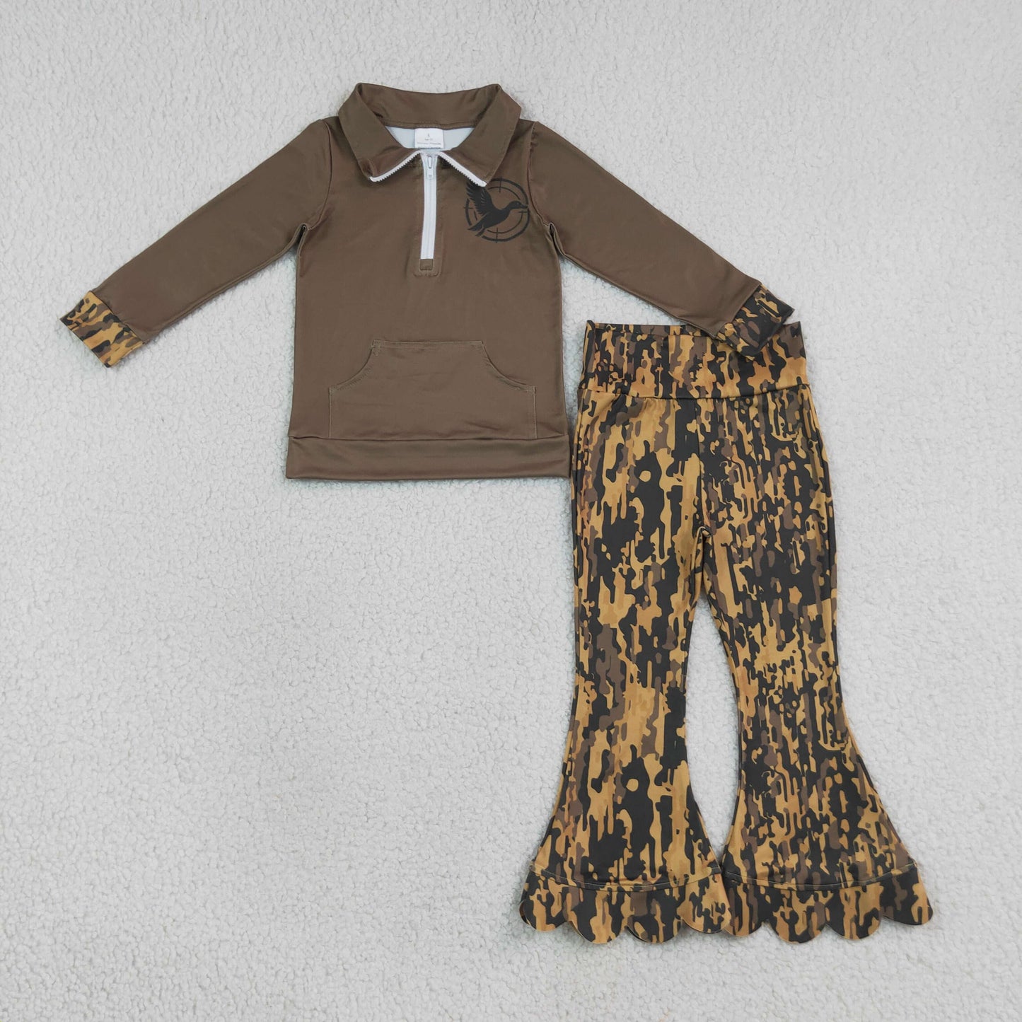 GT1698+P1039  RTS NO MOQ （In stock）Baby Girls Long Sleeve Ducks Zip Pocket Hunting Pullovers  Southern Leaves Camo Scallop Bell Bottom Pants Set