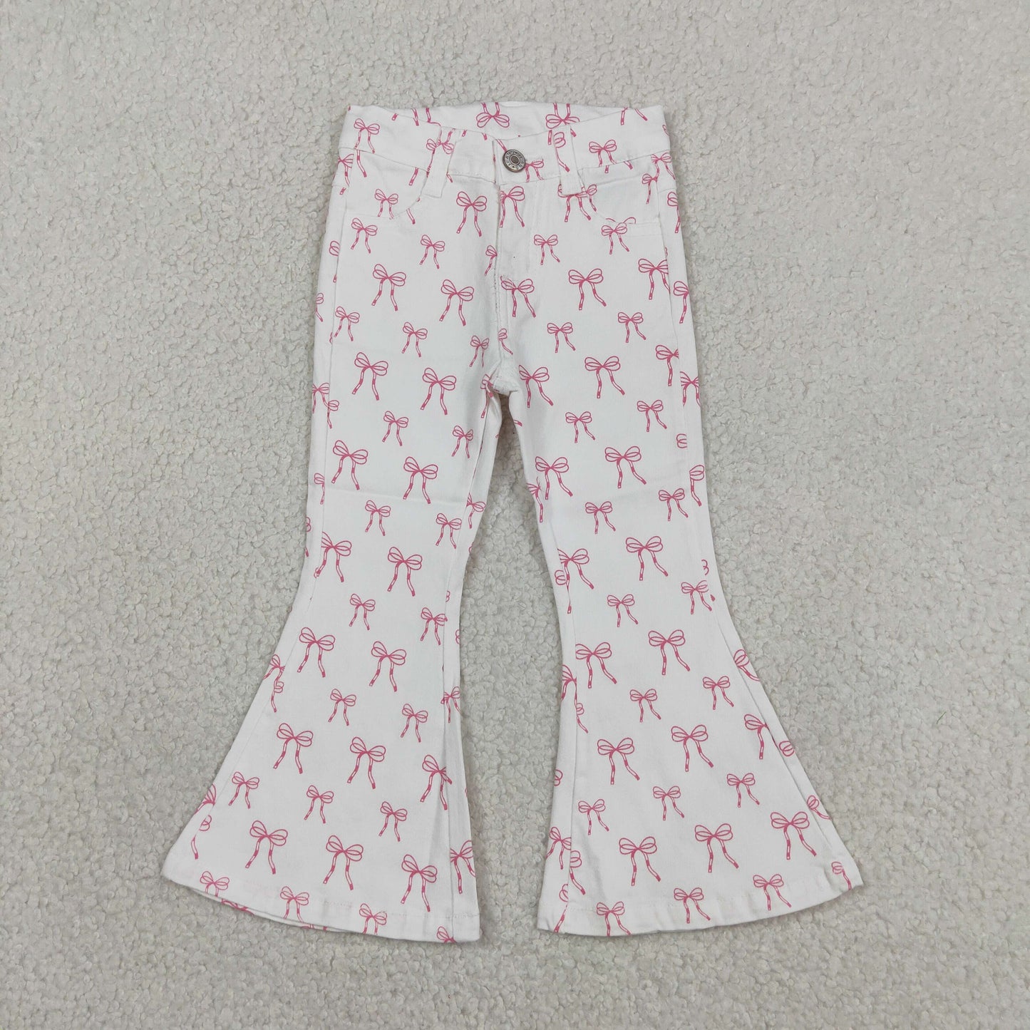 P1042 RTS NO MOQ （In stock ）Baby Girls Pink Bows Denim Pockets Bell Bottom Pants