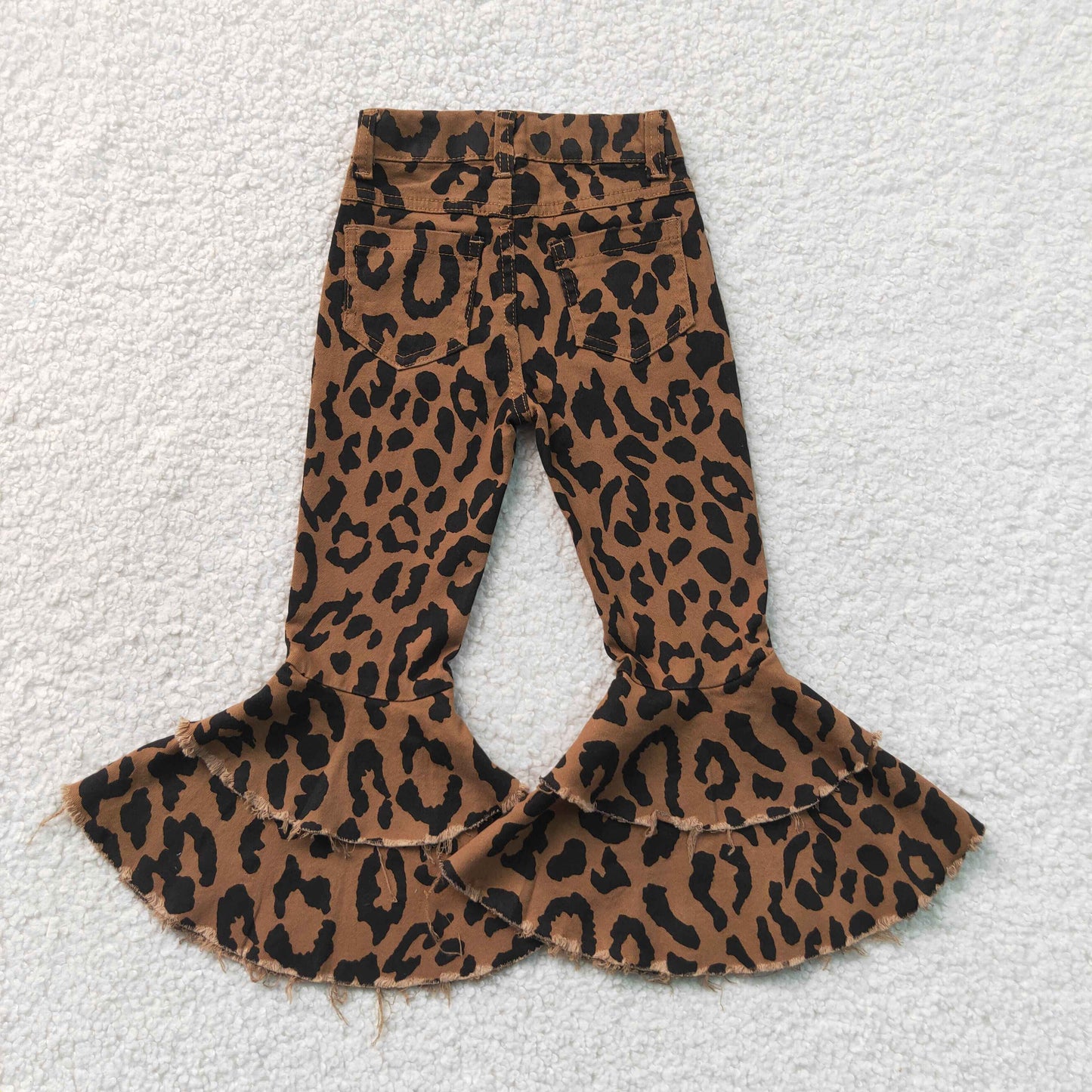 P1050 RTS NO MOQ （In stock）Baby Girls Black Leopard Print Brown Denim Long Pants