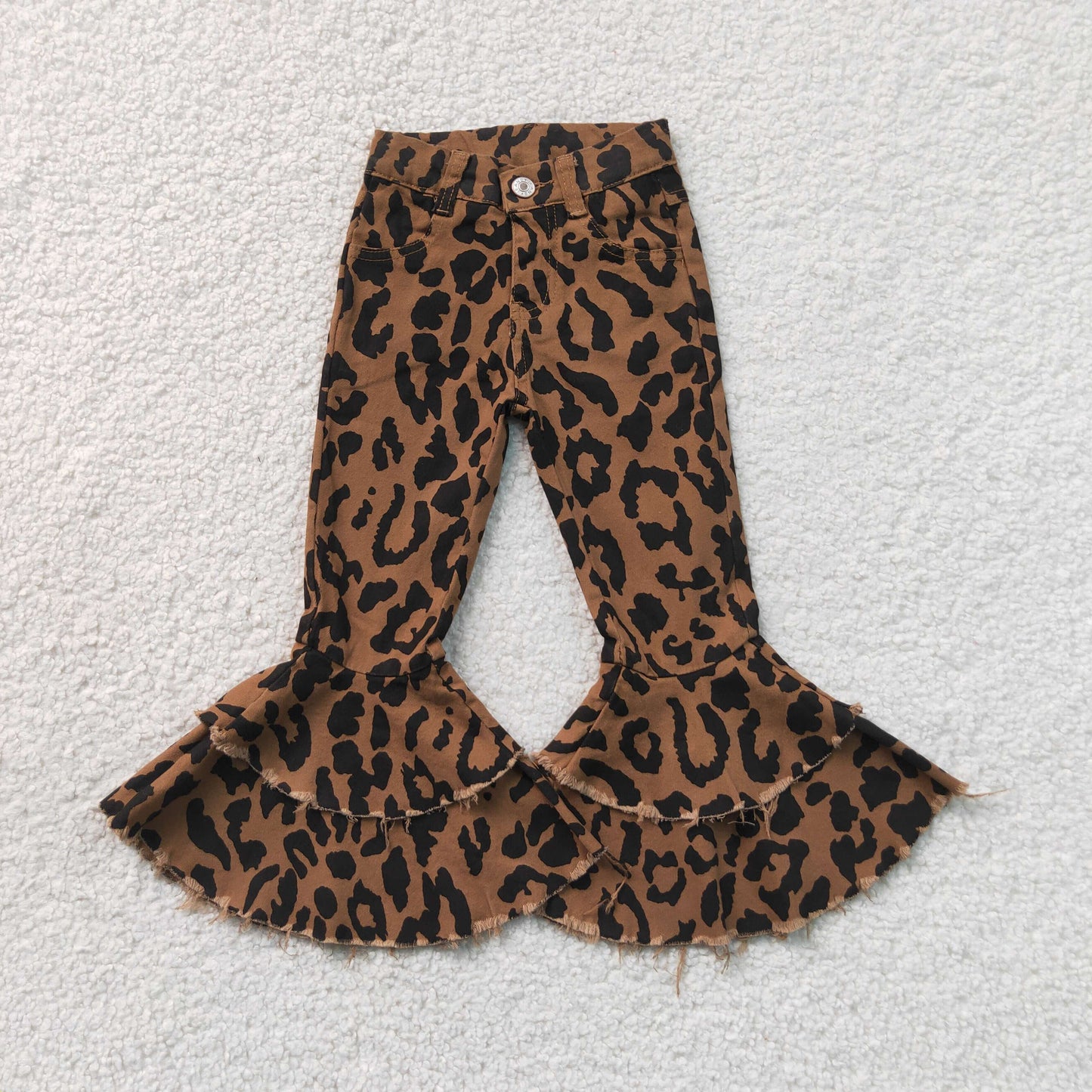 P1050 RTS NO MOQ （In stock）Baby Girls Black Leopard Print Brown Denim Long Pants