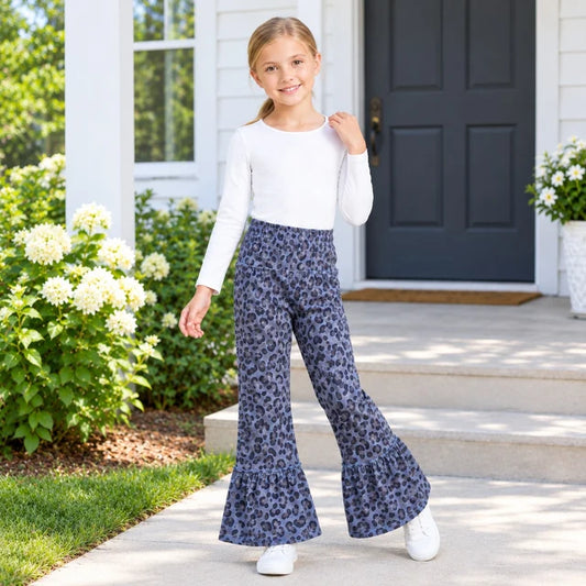 RTS NO MOQ （In stock）yoga fabric P1055 Baby Girls Grey Leopard Yoga Active Ruffle Flare Pants Bottom