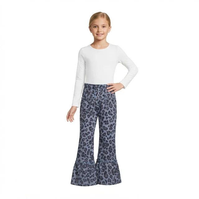 RTS NO MOQ （In stock）yoga fabric P1055 Baby Girls Grey Leopard Yoga Active Ruffle Flare Pants Bottom