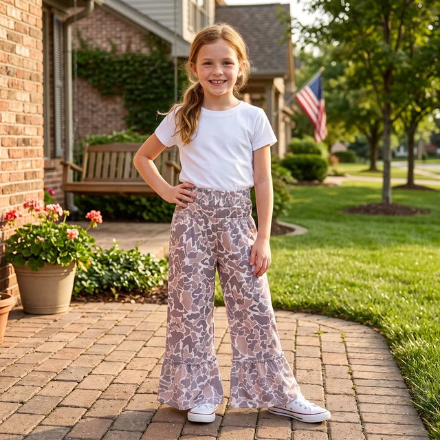 RTS NO MOQ （In stock）yoga fabric P1056 Yoga Baby Girls Khaki Camo Yoga Bell Bottom Pants Casual Wear