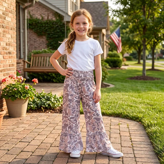 RTS NO MOQ （In stock）yoga fabric P1056 Yoga Baby Girls Khaki Camo Yoga Bell Bottom Pants Casual Wear