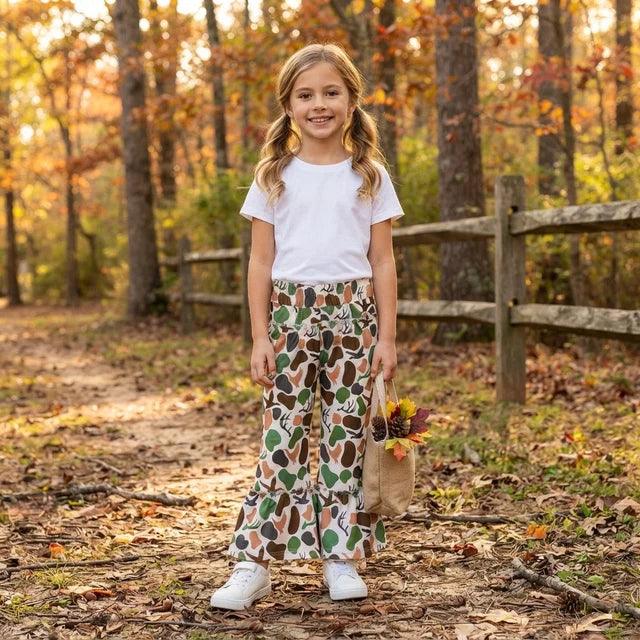 RTS NO MOQ （In stock）milk silk P1065 Baby Girls Green Brown Camo Deer Ducks Hunting Ruffle Flare Pants Bottom