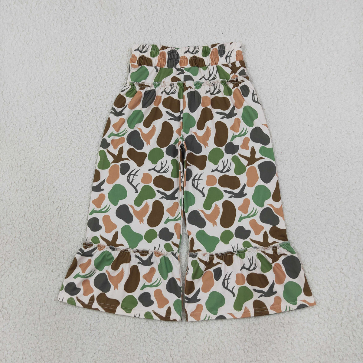 RTS NO MOQ （In stock）milk silk P1065 Baby Girls Green Brown Camo Deer Ducks Hunting Ruffle Flare Pants Bottom